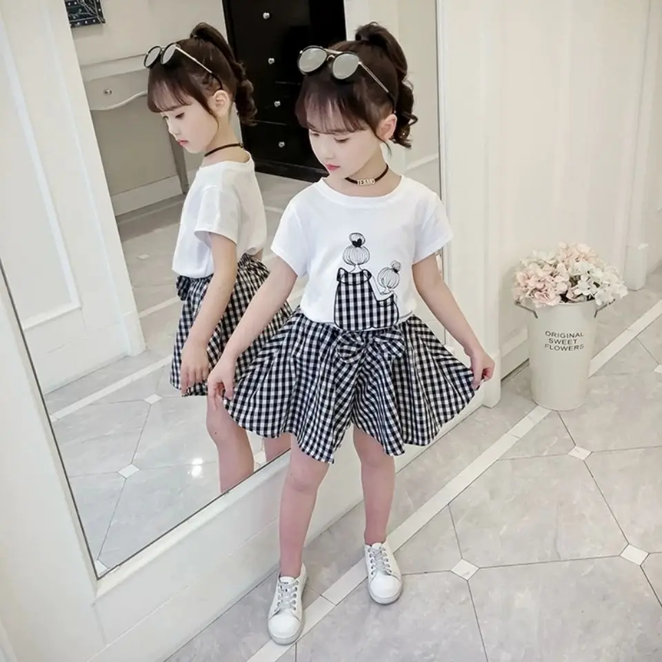 

2023 Kids Clothes Girls Tshirt + Plaid Skirt Children's Clothes For Girls Bow Kids Clothes Girls Casual Style Children's 4-12Yrs