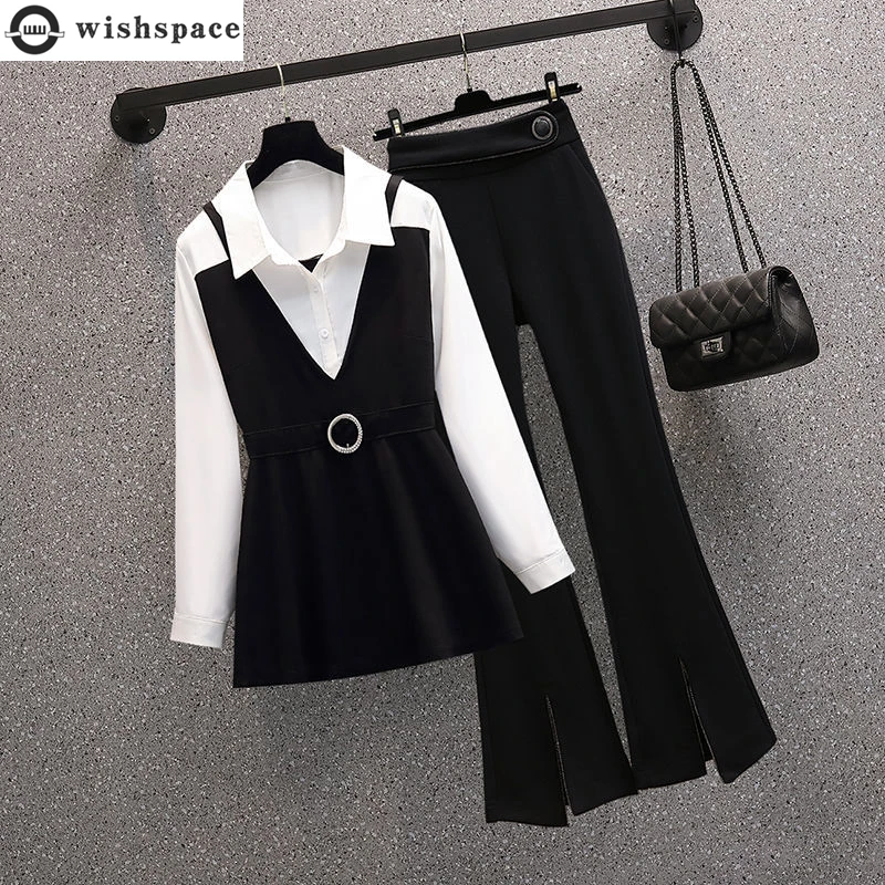 fashion brand hollow out chain decoration casual jeans women 2023 spring autumn high waist loose all matching wide leg trousers Korean Popular Summer New Belt Decoration Black White Stitched Chiffon Shirt Flare Trousers Two Piece Elegant Women's Pants Set