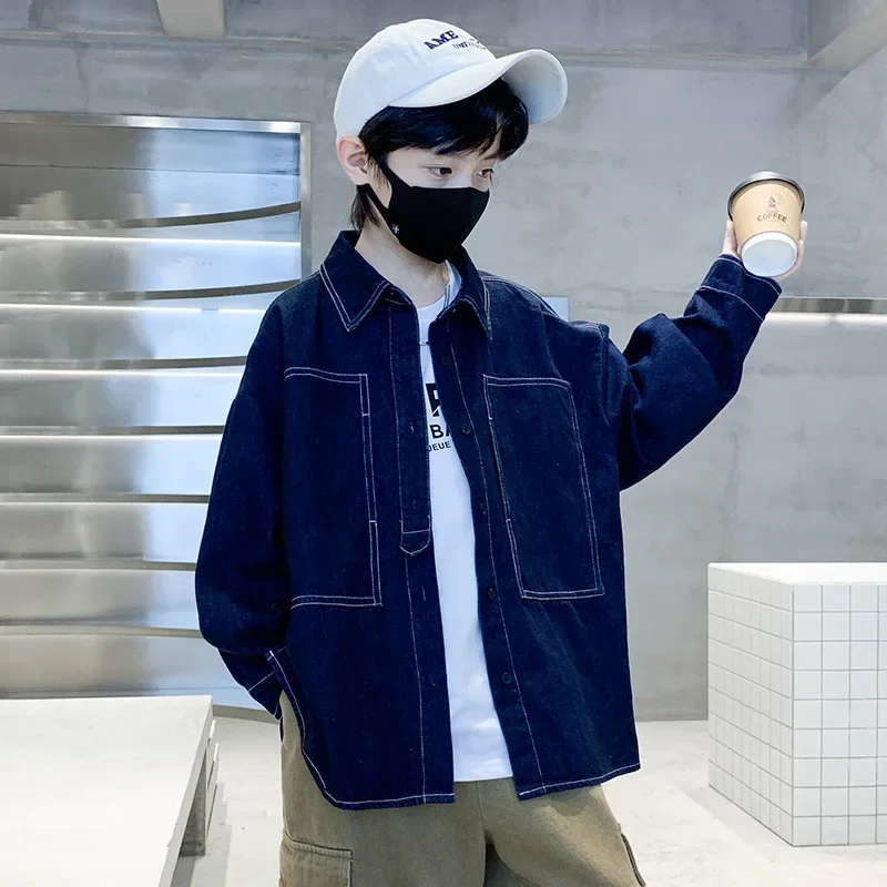 Spring Fashionable Boys' Denim Shirt Children's Outerwear Big Kids Trendy Street Style Spring Autumn Clothing for Boys