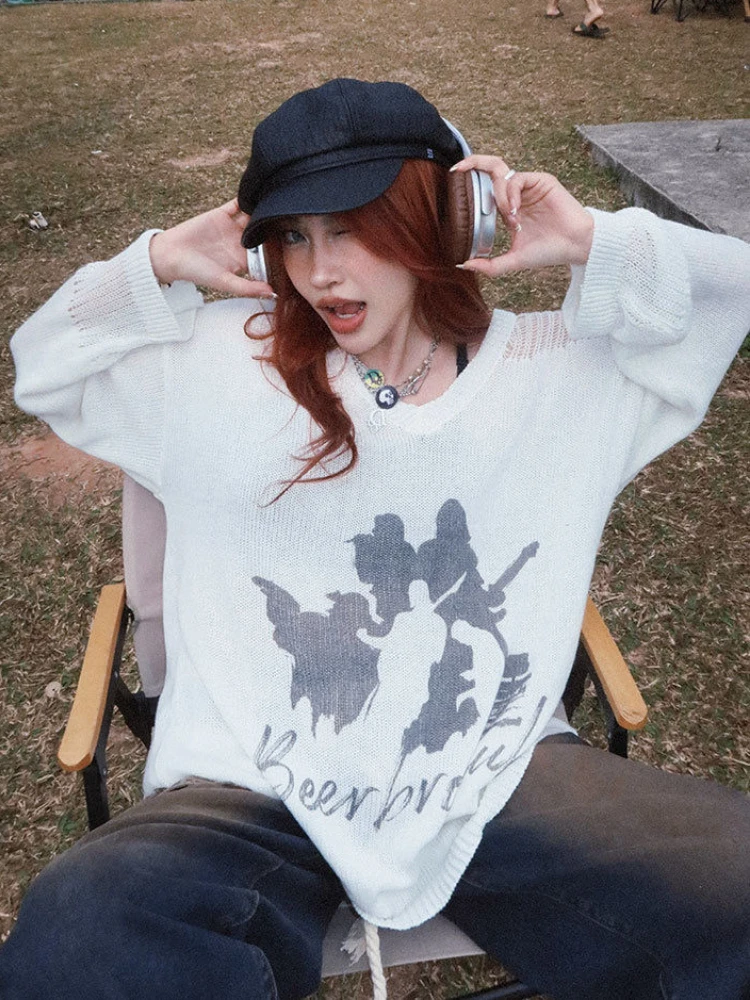 

Deeptown American Vintage Graphic Knitted Pullover Women Harajuku Grunge Streetwear Sweater Hollow Out Aesthetic Y2k Tops Autumn