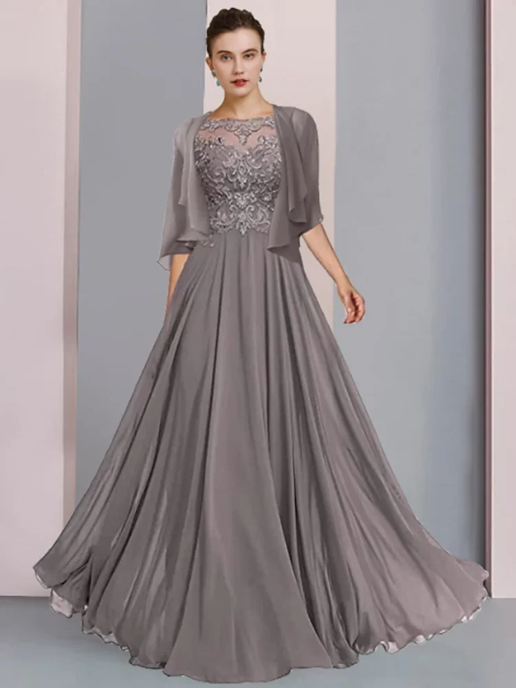 A linha mãe do vestido da noiva casamento formal convidado pescoço até o chão Chiffon Lace meia manga envoltório incluído com pregas