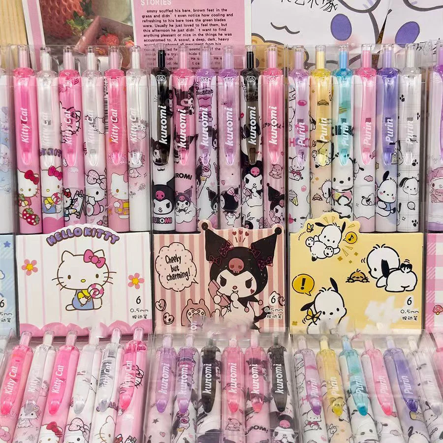 Gel Pens 6pcs Cartoon Kuromi Writing Pen Kawaii Hello Kitty Cinnamoroll Melody 0.5mm Quick Drying ST Gel Pen Student School Stationery