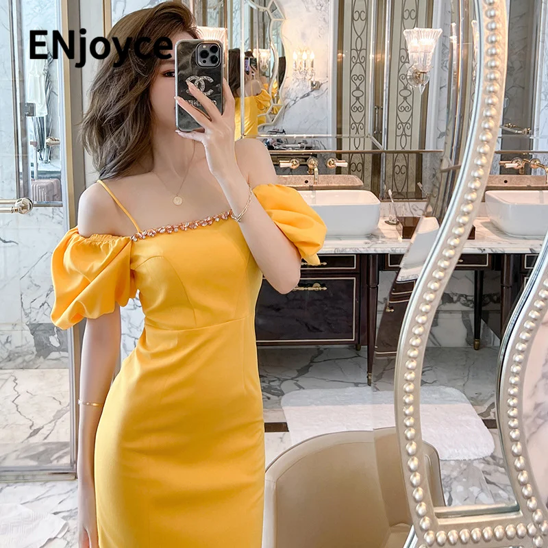 

Enjoyce 2024 Summer New Off Shoulder Bubble Sleeves Yellow Dresses Celebrity Sexy One Line Neck Slim Fit Split Prom Party Dress