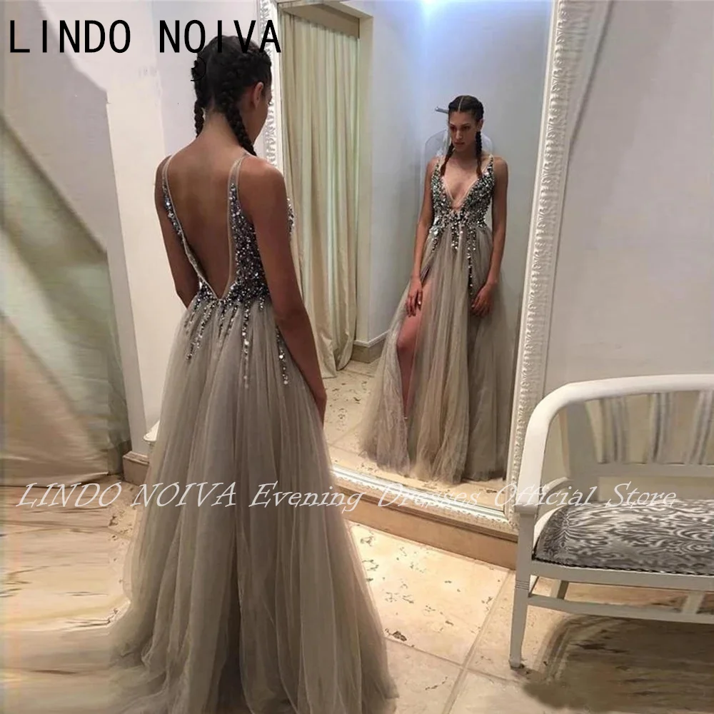 

Beading Prom Dresses Long 2024 V Neck Light Gray High Split Tulle Sweep Train Sleeveless Evening Gown A-Line Backless Vestido De