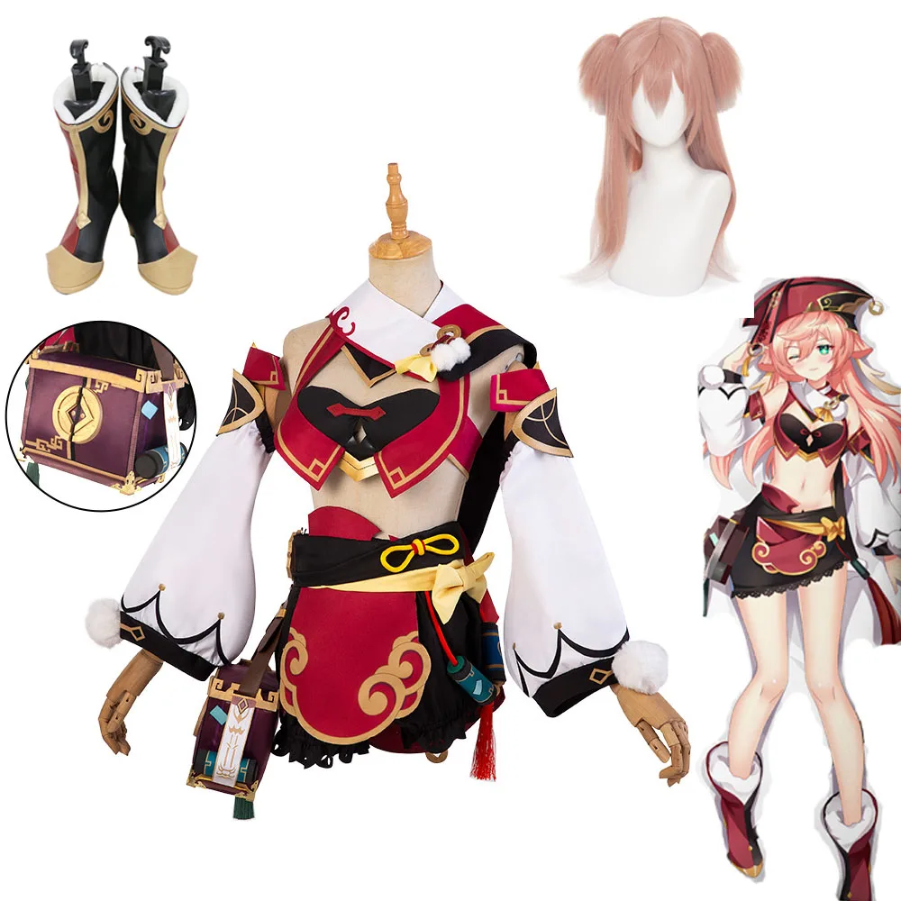

Anime Genshin Impact Yanfei Game Suit Hat Bag Shoes Uniform Yan Fei Cosplay Costume Wig Halloween Party Outfit for Women
