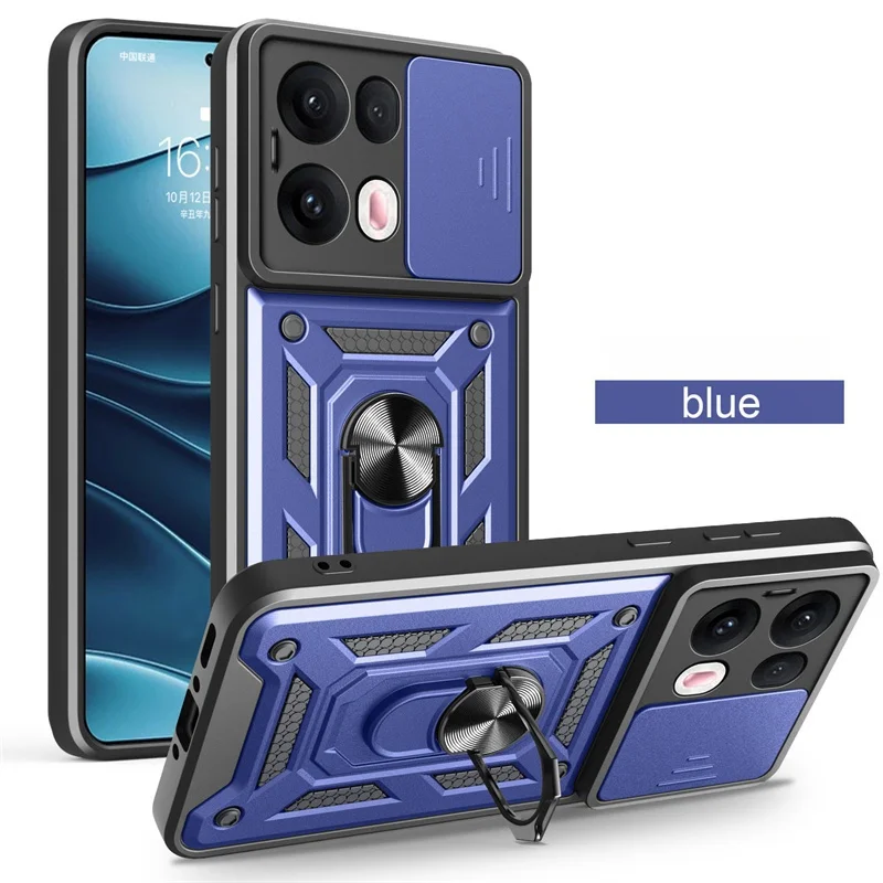 Shockproof Armor Case with Ring Holder and Slide Lens Protection Cover