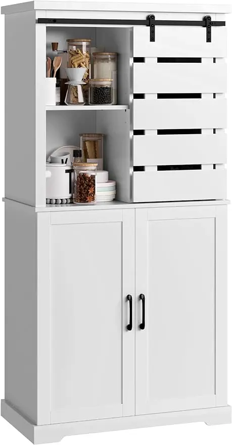 

Kitchen Pantry Cabinet, Kitchen Storage Cabinet with Sliding Barn Door and Adjustable Shelves, Tall Freestanding Cupboard