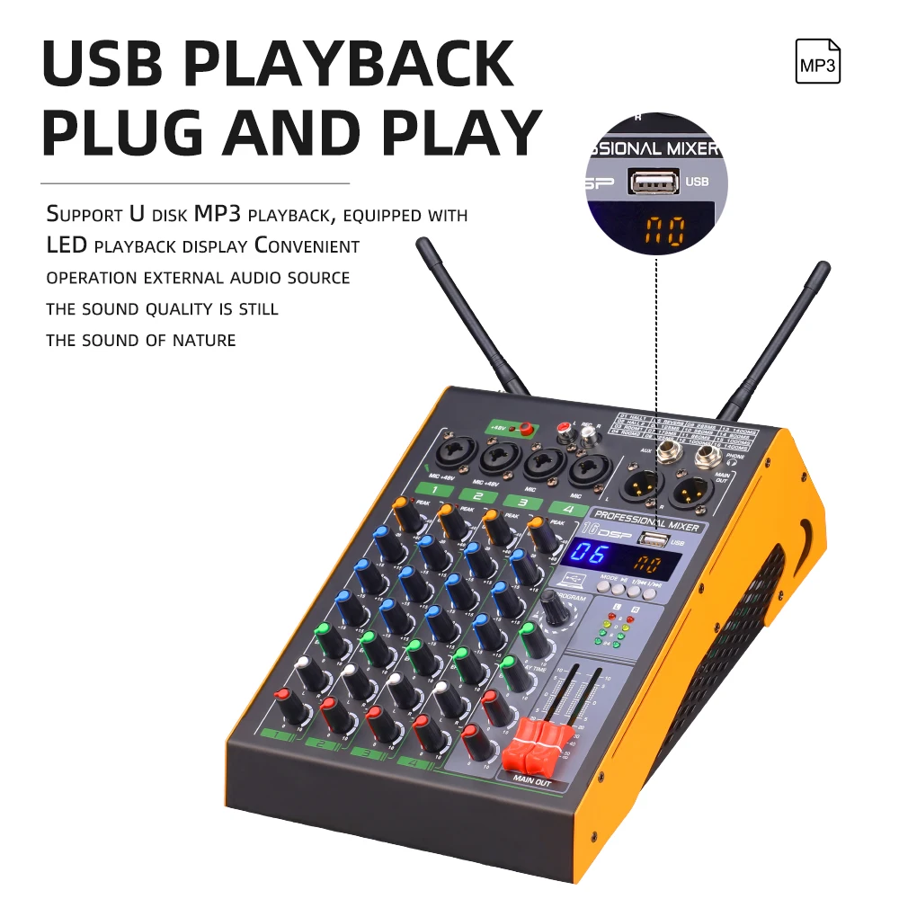 16DSP DJオーディオミキサーアンプ ワイヤレスマイク付き4チャンネルサウンドミキサー16dsp,2x100W