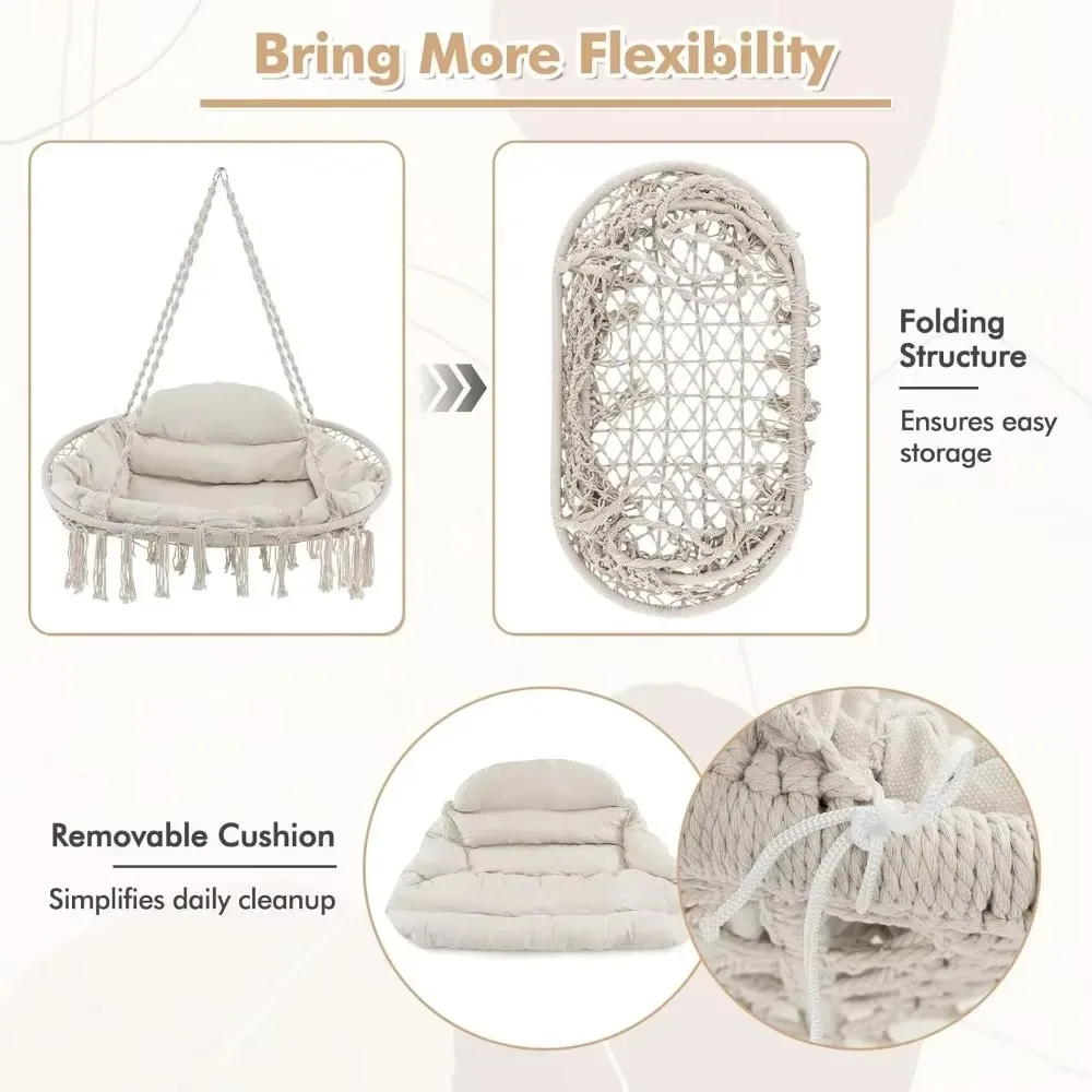 2-Person Hanging Hammock Chair, Boho Style Macrame Hammock Swing with Soft Cushions,  Indoor Outdoor Cotton Rope. 4