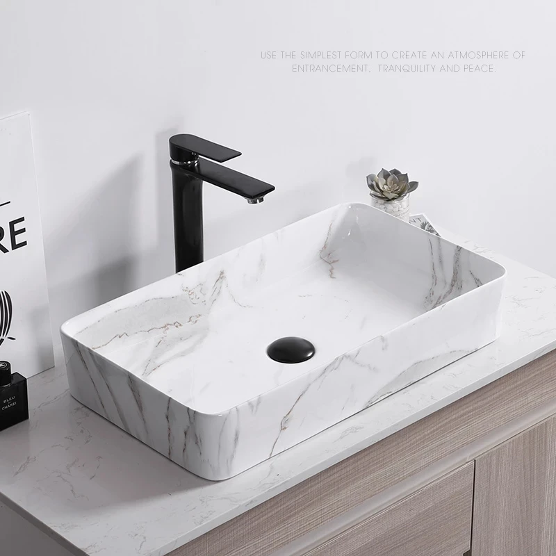 

Modern Marble Pattern Art Above Counter Wash Basin Home Ceramic Shampoo Sinks Bathroom Vessel Sink Square Washbasin