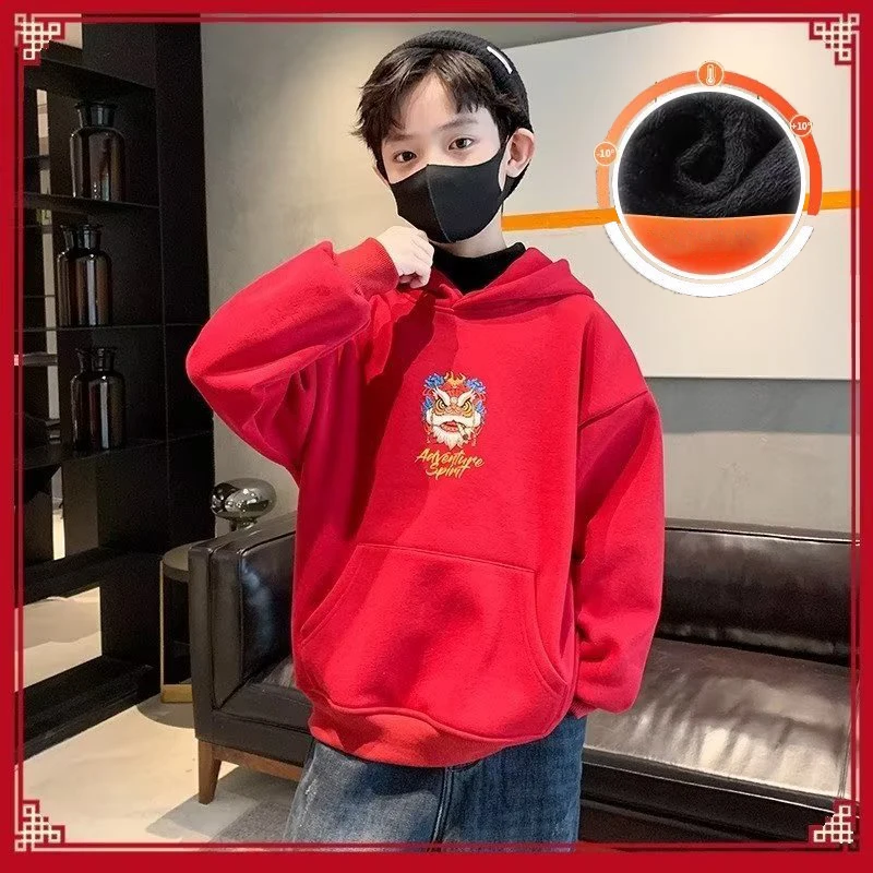 

Autumn New Style Boys' Red China-Chic Lion Thickened Deep Fried Street Foreign Style New Year Celebration Suit Plush Hooded Coat