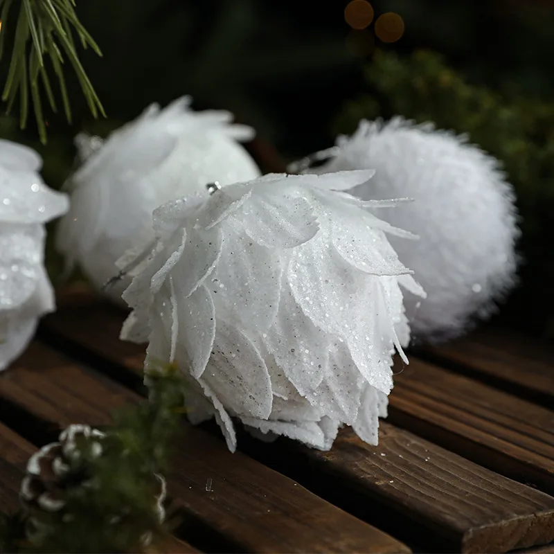 White Petal Foam Christmas Ball 7.2cm/8cm Diameter Frosted Glitter Ornament for Tree Decor Holiday Party Decoration Accessories