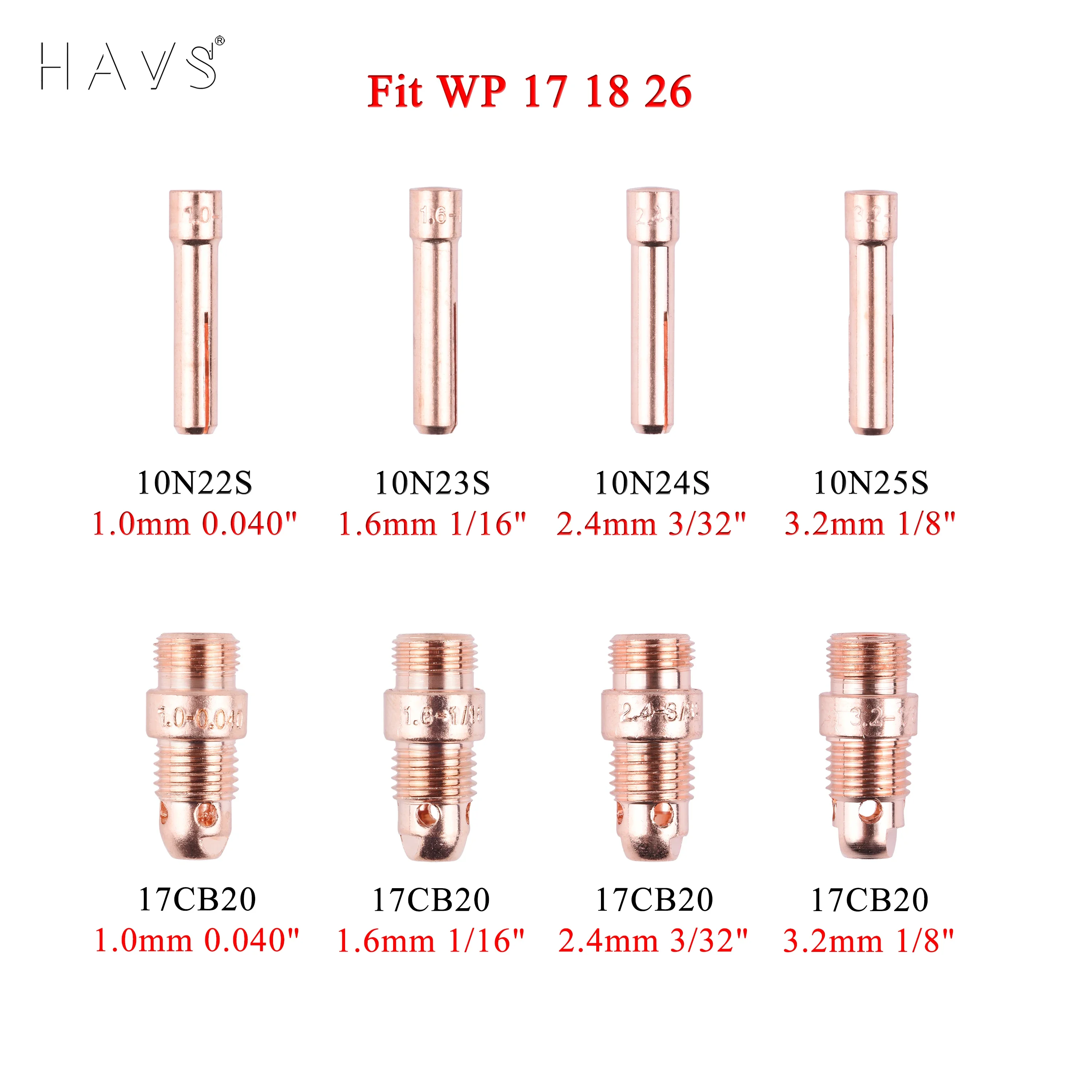 

1.0/1.6/2.4/3.2mm TIG Collet And Collet Body 10N22S 10N23S 10N24S 10N25S 17CB20 0.040" 1/16" 3/32" 1/8" For TIG WP17 18 26 Torch