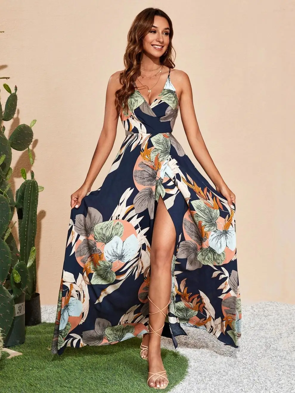 Fashion Flower Print Spaghetti Strap Dresses Women Sexy V-neck Backless Slit Long Dress Bohemian Style Vacation Beach Vestidos