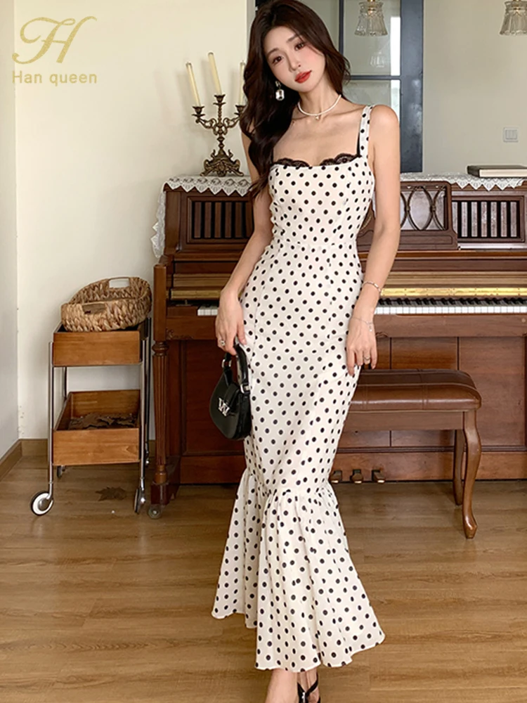

H Han Queen Korean Dongdaemun 2024 Elegant Vintage Dot Long Dress Women's Slim Summer Sheath Mermaids Dresses Party Vestidos