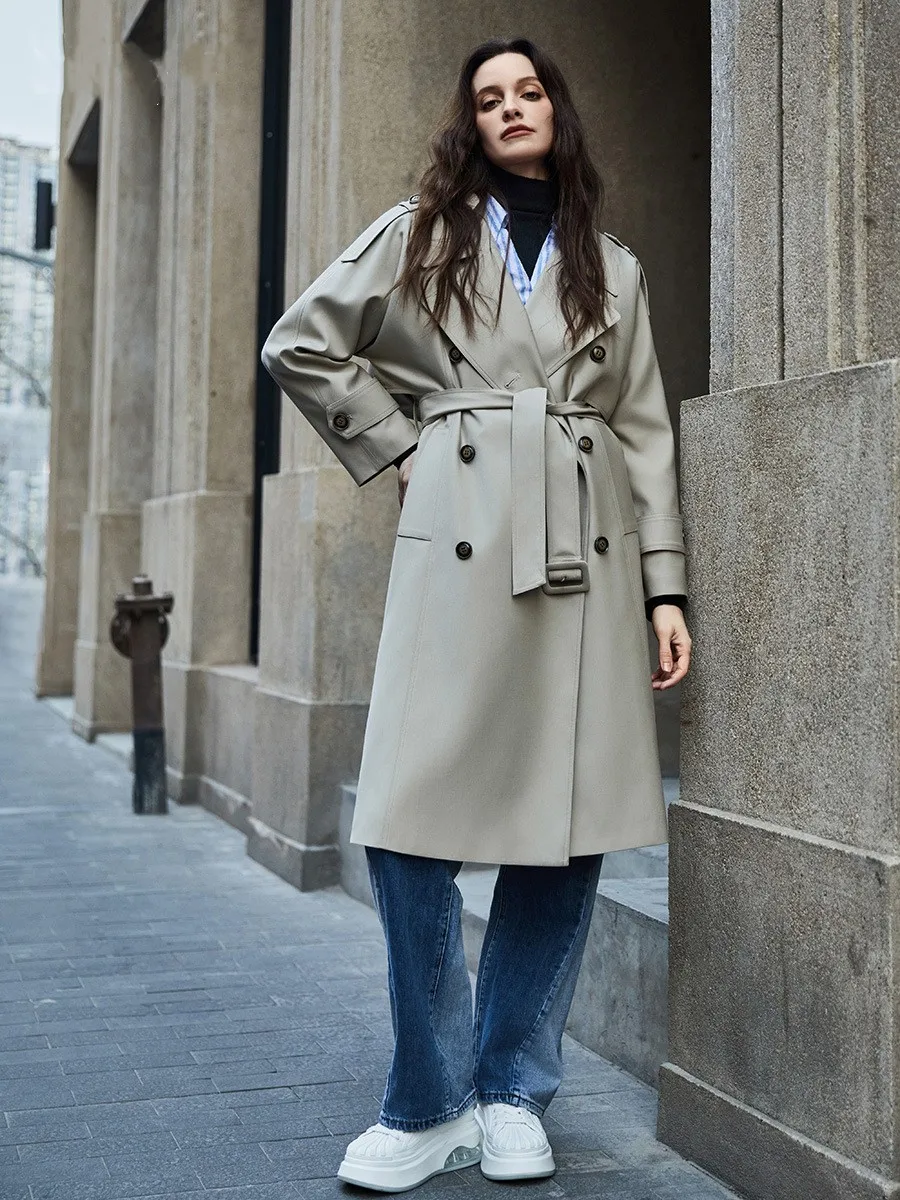 2024 Spring and Autumn New British High end Retro Double breasted Brand Windbreaker Coat Women's Extended Edition