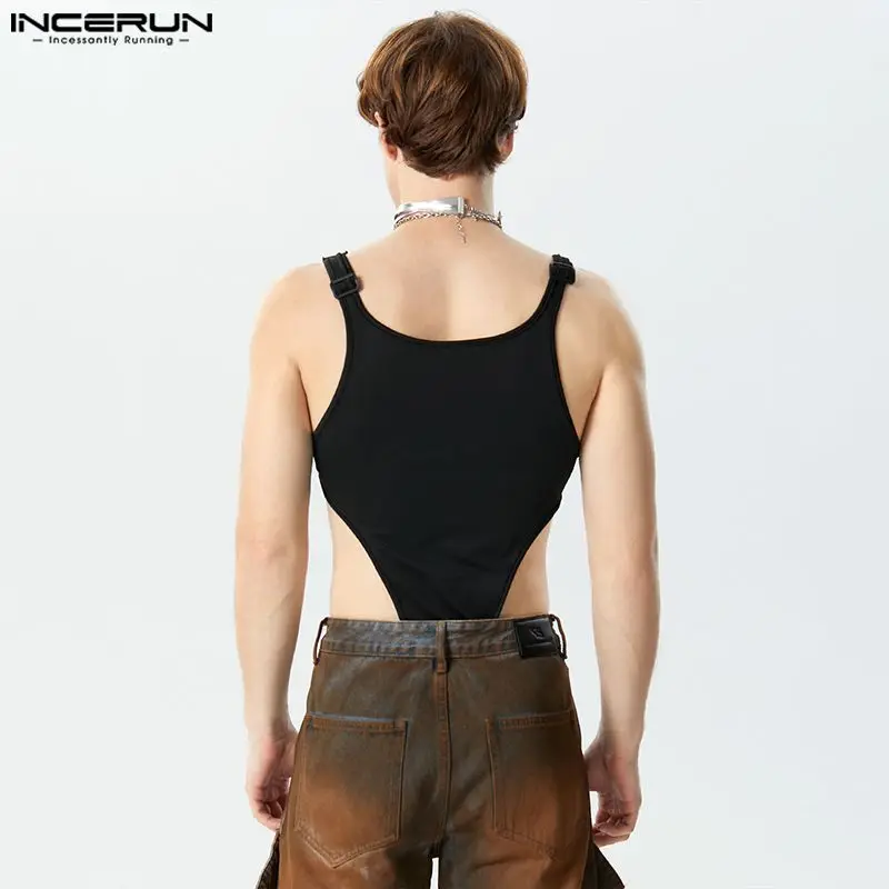 2024 Men Bodysuits O-neck Sleeveless Solid Color Hollow Out Bodysuits Men Streetwear Sexy Skinny Fashion Male Bodysuit INCERUN