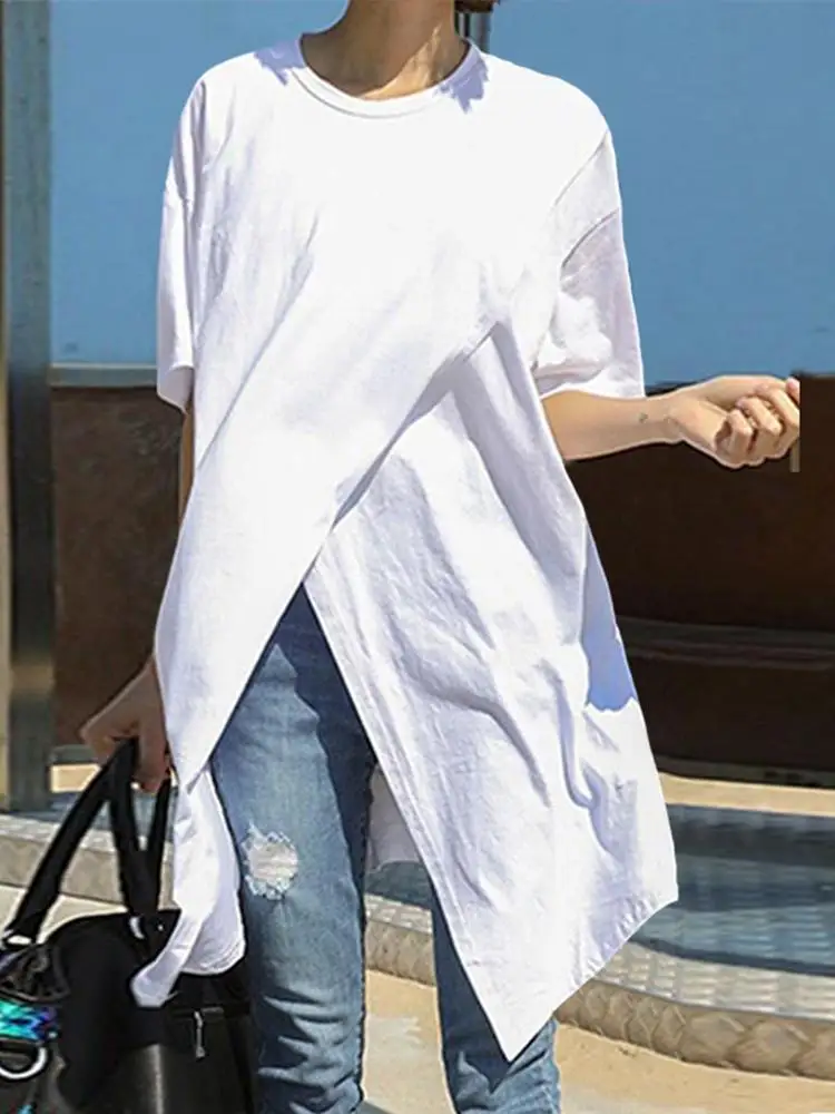 

Белая блузка, Повседневная рубашка vonda 2023, летняя пикантная свободная плиссированная блузка с коротким рукавом и круглым вырезом, однотонная винтажная Блузка-туника