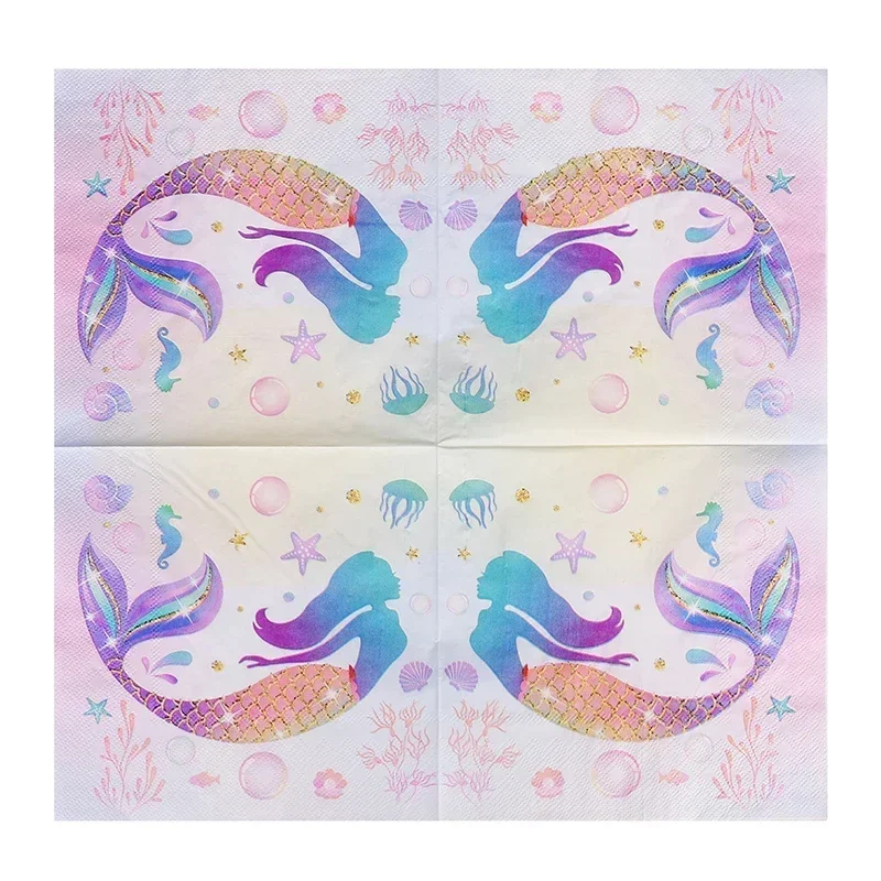 20pcs/pac 33*33cm New Mermaid Printing Paper Napkins Cartoon Birthday Party Colourful Napkins Personalised Dress Up with Paper