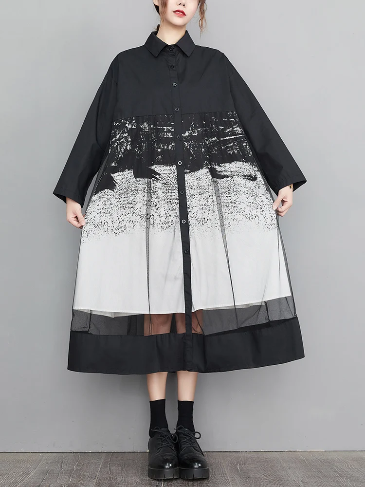 Mesh Patchwork Print Shirt Dresses For Women Long Sleeve Loose Casual Vintage Dress Fashion Elegant Clothing Spring Autumn 2025