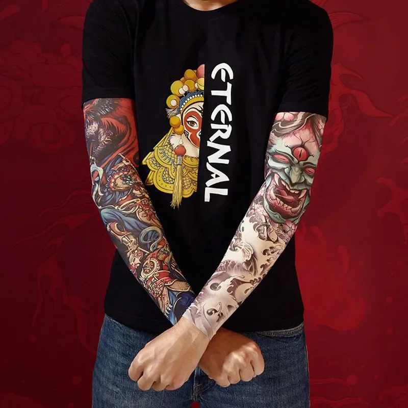 1Pair 2Pcs Men Tattoo Sleeves Anti-UV/Dust Hand Arm Sleeves Motorcycle Riding Bicycle Tattoo Sleeve Cool Dragon Skull Pattern