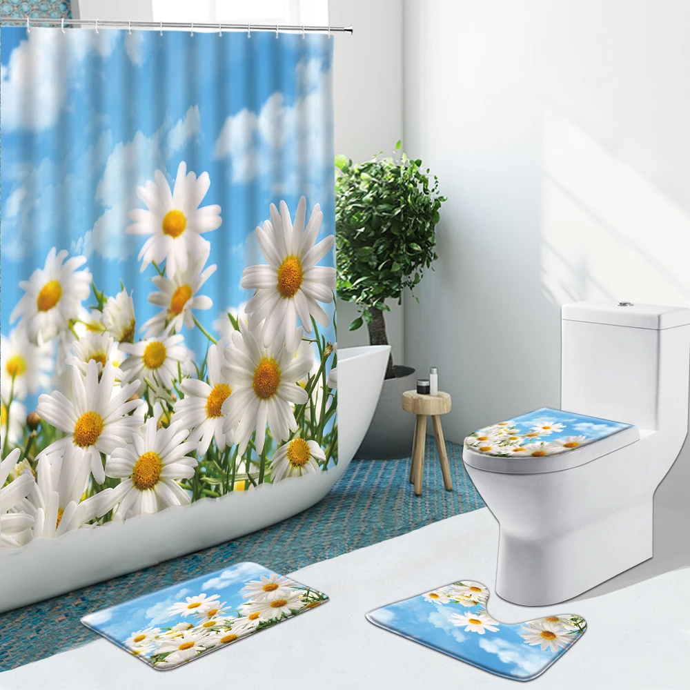 

Rainbow Sunflower Flower Color Butterfly Bathroom Curtain Set Non-Slip Rugs Flannel Carpet Shower Curtains Toilet Cover Bath Mat