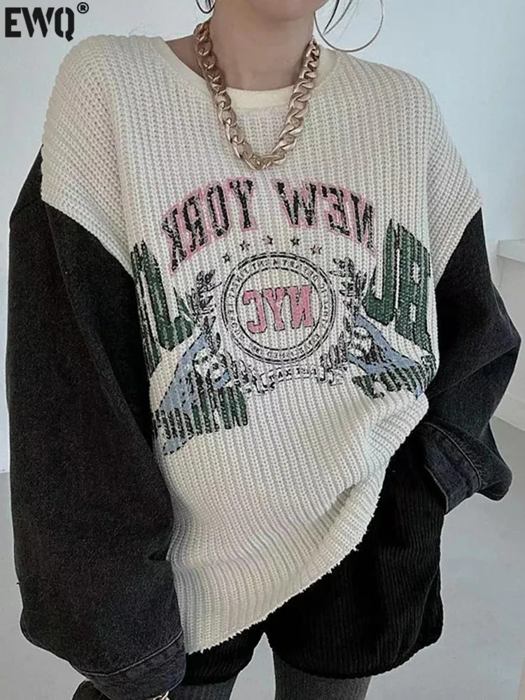 

Женский трикотажный пуловер [EWQ], джинсовый Свитшот контрастных цветов с круглым вырезом и буквенным принтом, модель 16U6704 в Корейском стиле на осень-зиму, 2023