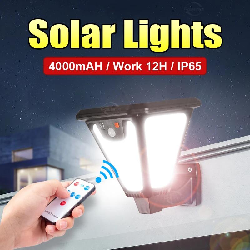 4000mAh Powerful Outdoor Solar Lights IP65 Waterproof Radar Sensor Solar Lamp 100LED Solar Lawn Light Garden Sunlight Wall Lamp