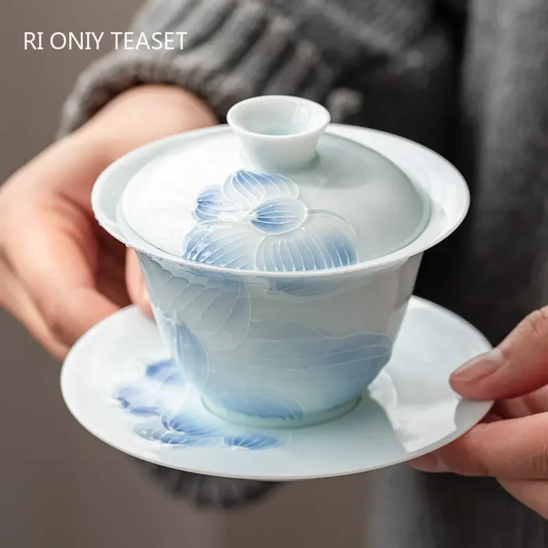 140ml Chinese Hand-painted Lotus Flower Ceramic Tea Tureen Teacup Portable Gaiwan Set Handmade Porcelain Tea Bowl Home Set