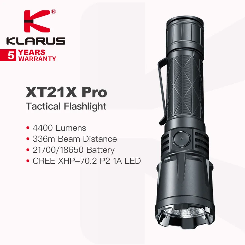 Фото Тактический фонарик Klarus XT21X Pro с аккумулятором 21700, 4400 люмен, расстояние луча 336 м, Запатентованный двойной хвостовой переключатель, его защита №1