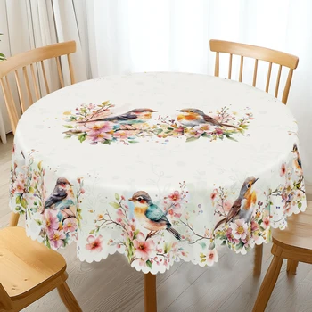 1 pezzo di tovaglie rotonde e rettangolari con fiori e uccelli primaverili, varie dimensioni disponibili, tovaglie decorative stampate con fiori e uccelli primaverili, tovaglie a tema retrò per la cucina domestica, uso interno ed esterno, regali adatti 1