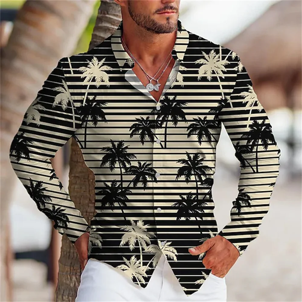 Hawaiian shirt coconut stripe pattern lightened light gray casual street long sleeve button clothing design soft men's shirt 6XL