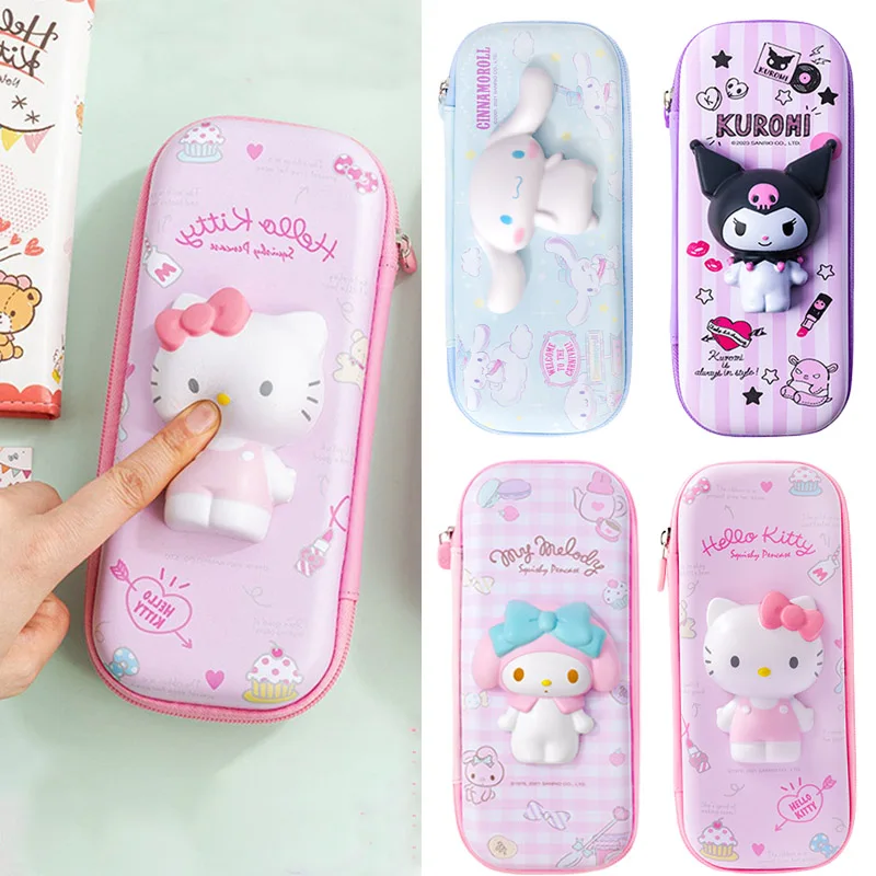 

Kawaii Sanrio 3D Doll Decompression Pencil Bag Hello Kitty Kuromi Cinnamoroll Large Capacity Double Layer Stationery Box Kid Toy