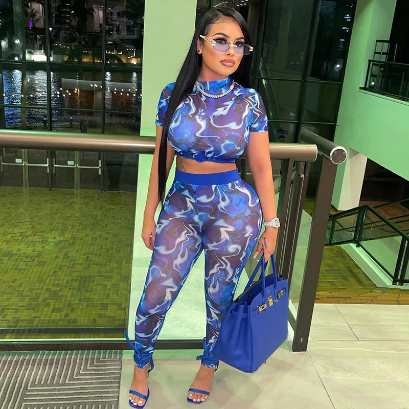 Woman 2pcs Mesh Suit Colorfull Printed Short Sleeve O Neck Crop T-shirt Pant Blue Two Piece Sets Tracksuit summer two pieces short set for women tracksuit suits sheer mesh top and sorts sets fitness sport suit party sexy club outfits