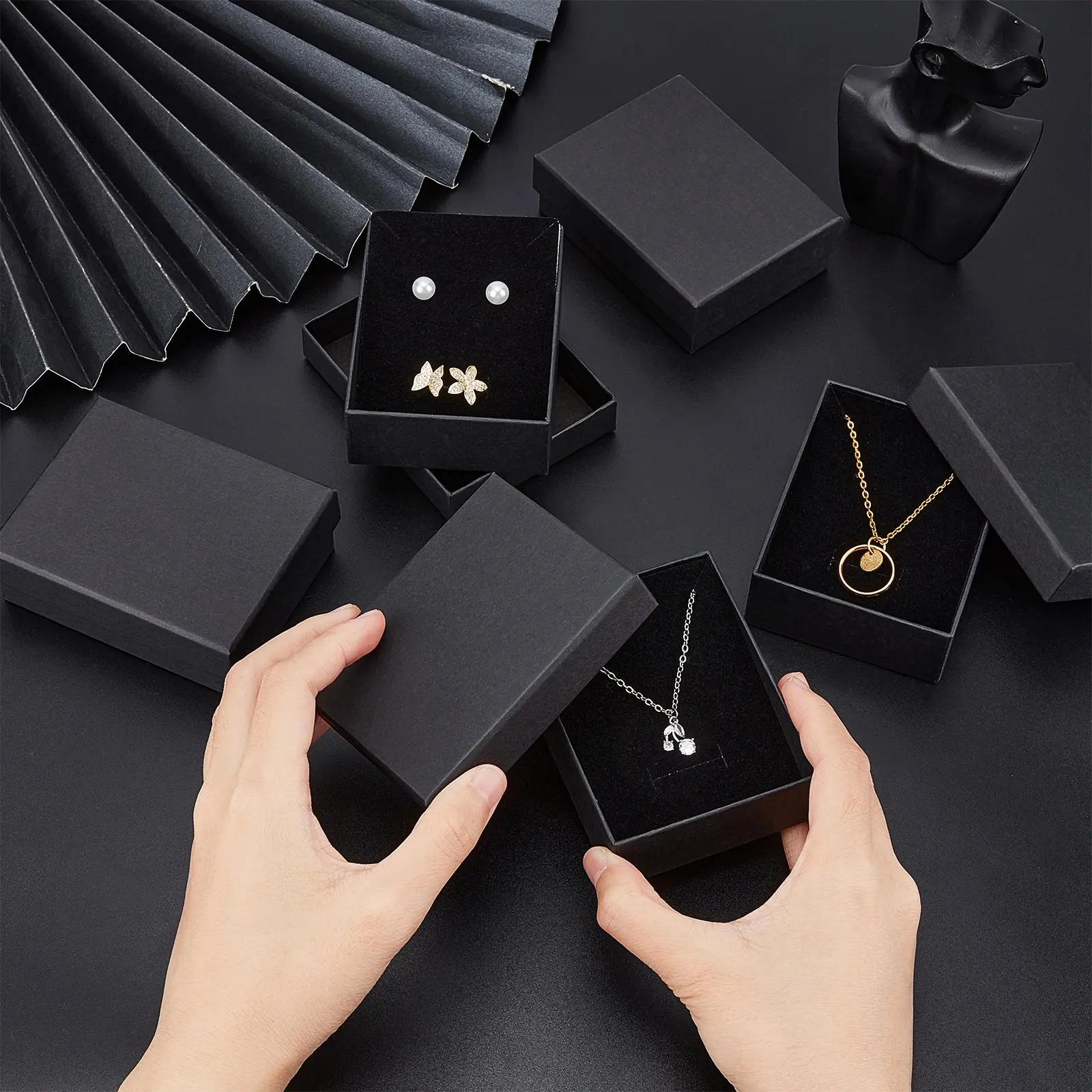 12~24pcs Black Cardboard Jewelry Boxes Sponge inside Square Rectangle Gift Storage Display Boxes for Ring Necklace Earrings