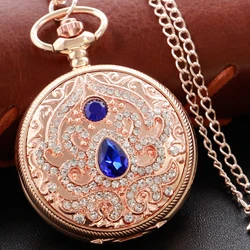 Gold Ruby - Accented Luxury Pocket Watch Necklace - Elegant Digital Pendant with Chain (Rose blue)
