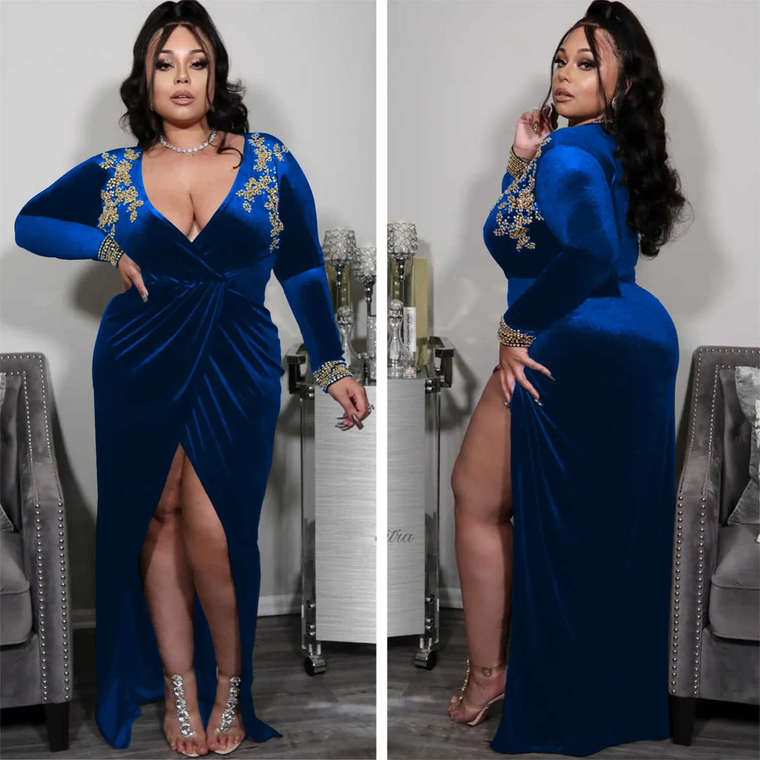 

Autumn Winter Velvet Evening Dresses Women 2023 Plus Size African Sexy Bodycon Maxi Gown Ankara Slit Party Robe Africa Clothing