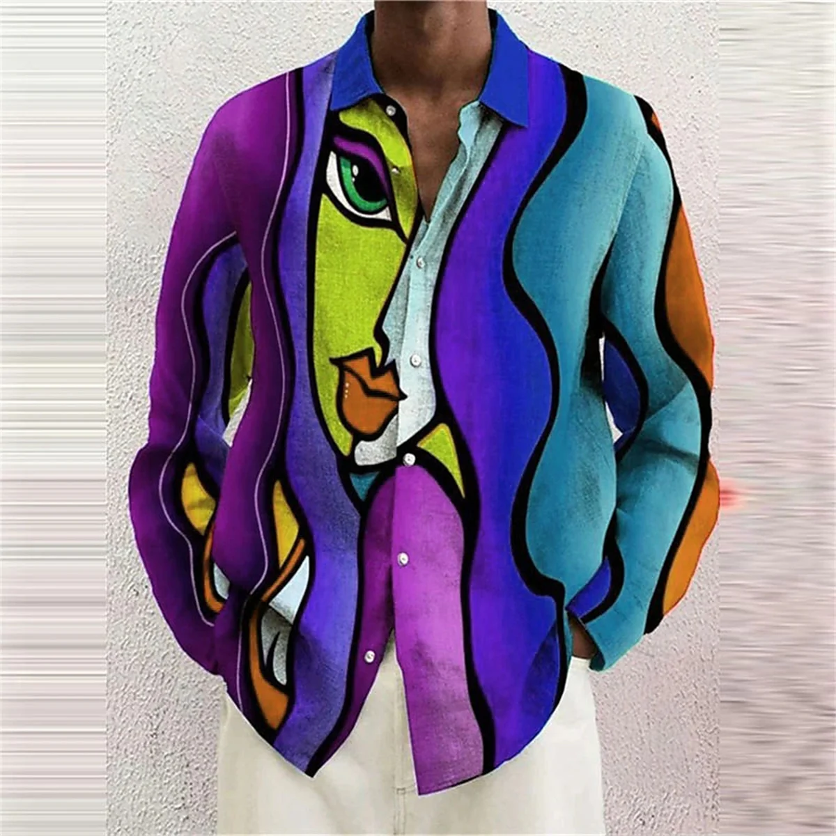 

Ladies portrait pattern men's shirt abstract lapel 3D printing street long sleeved button clothing painting colored shirt S-6XL