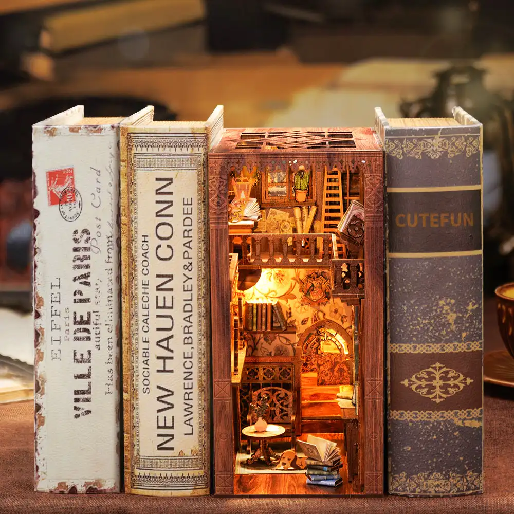 CUTEBEE Wooden Book Nook Dollhouse Kit Miniature Doll House Kits Booknook Bookshelf with Dust Cover Bookends Christmas Gift