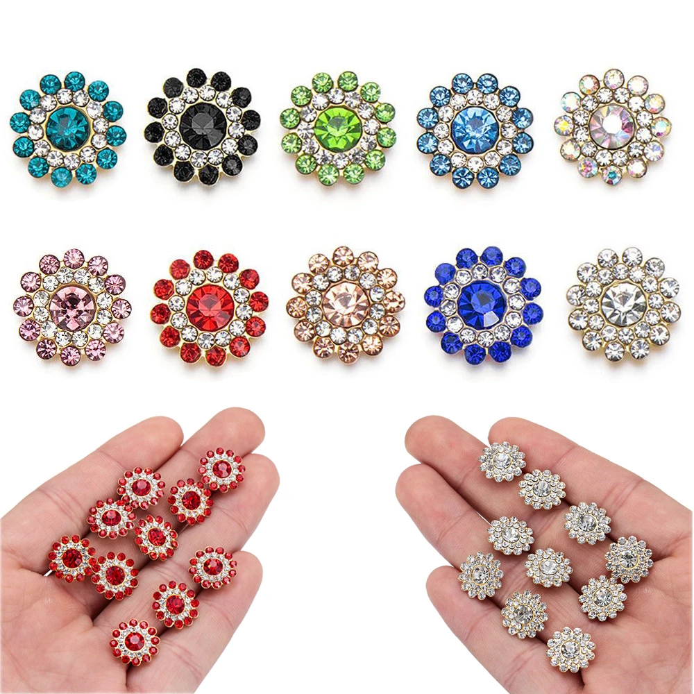 10Pcs 14MM Flower-shaped Rhinestone Buttons Sparkling Steel Bottom Crystal Glass Stone DIY Craft Apparel Sewing Clothes Decor