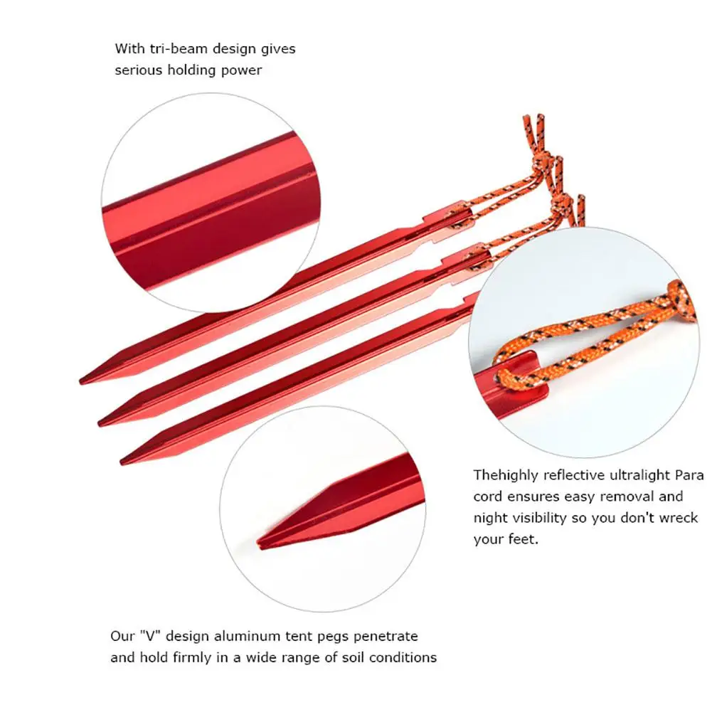 10pcs 18cm Tent Pegs Aluminum Alloy Outdoor Garden Stakes with Cord for Camping