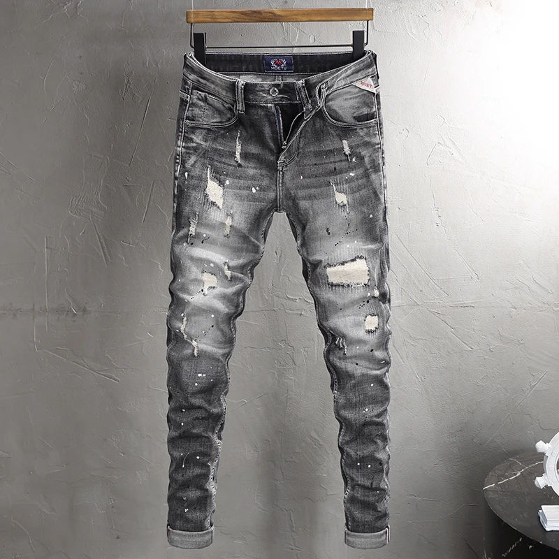 Newly Designer Fashion Men Jeans High Quality Retro Black Gray Elastic Slim Fit Ripped Jeans Men Patched Vintage Denim Pants