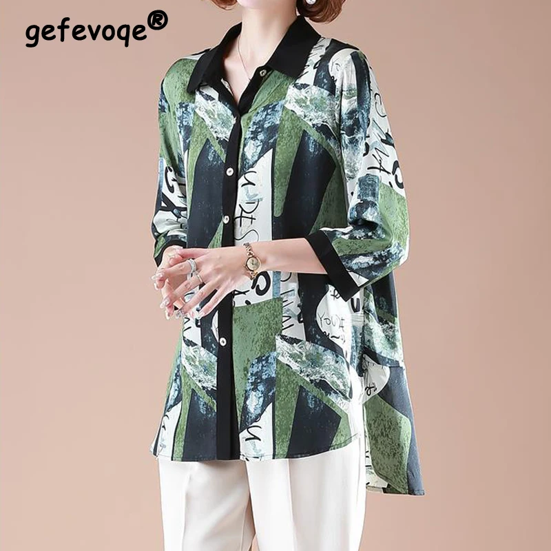 

Spring Autumn Irregular Mid-Length Chiffon Shirts Women Vintage Print Casual Blouses Temperament Elegant Fashion Polo-Neck Tops