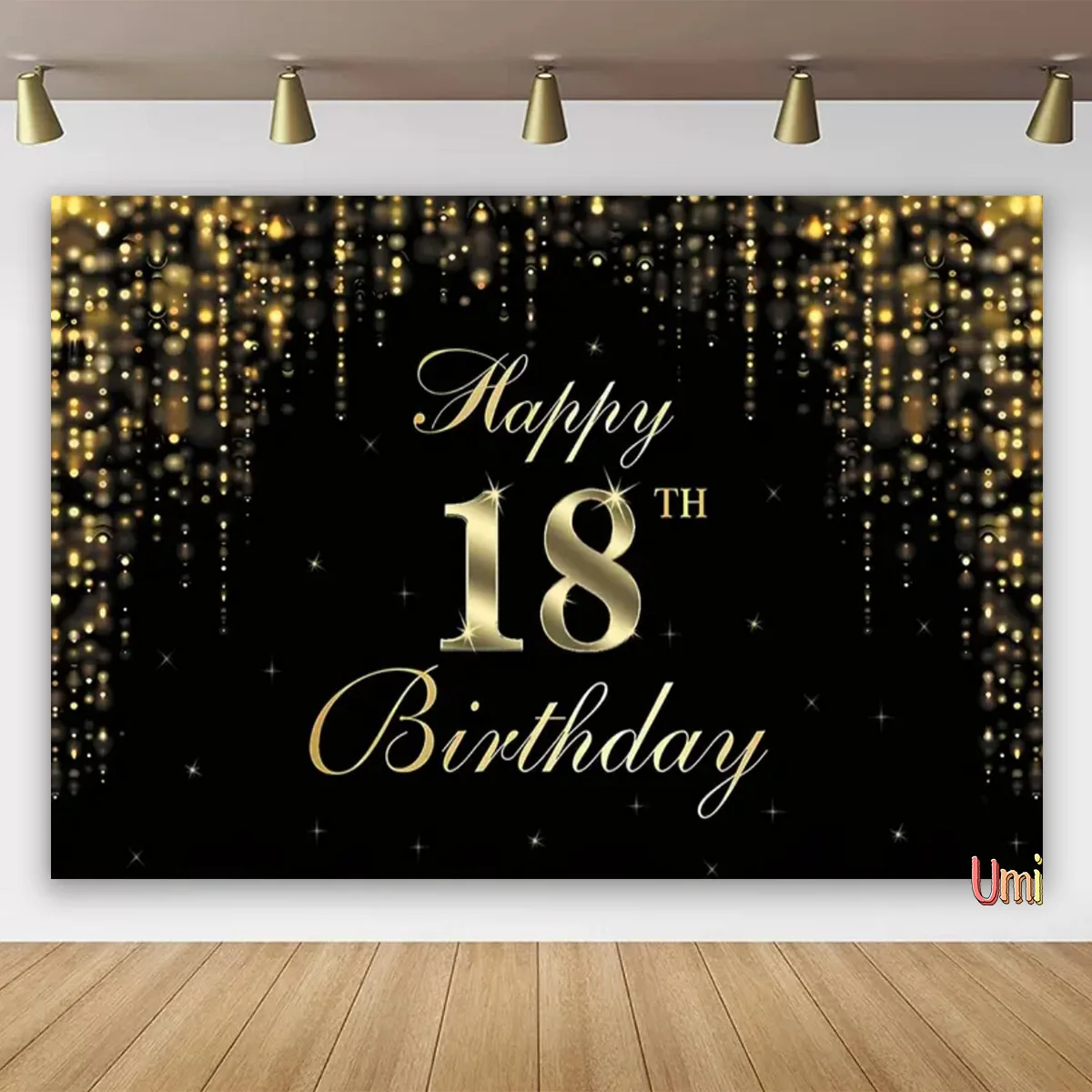 Fondo para fiesta de cumpleaños número 18 con globos con purpurina dorada y negra para niños y niñas de 18 años para fondos de fotografía