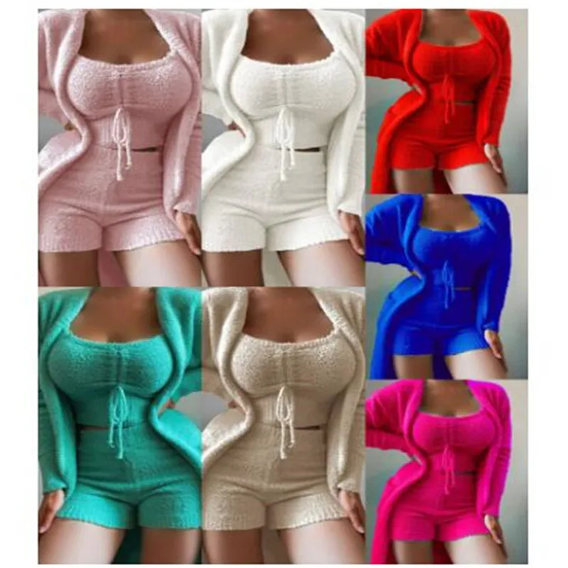 

2024 New Autumn Winter Women's Velvet Pajamas Set Crop Top+Long Pants+Coat 3 Pieces Suit Warm Soft Fleece Homewear Pyjamas S-3XL