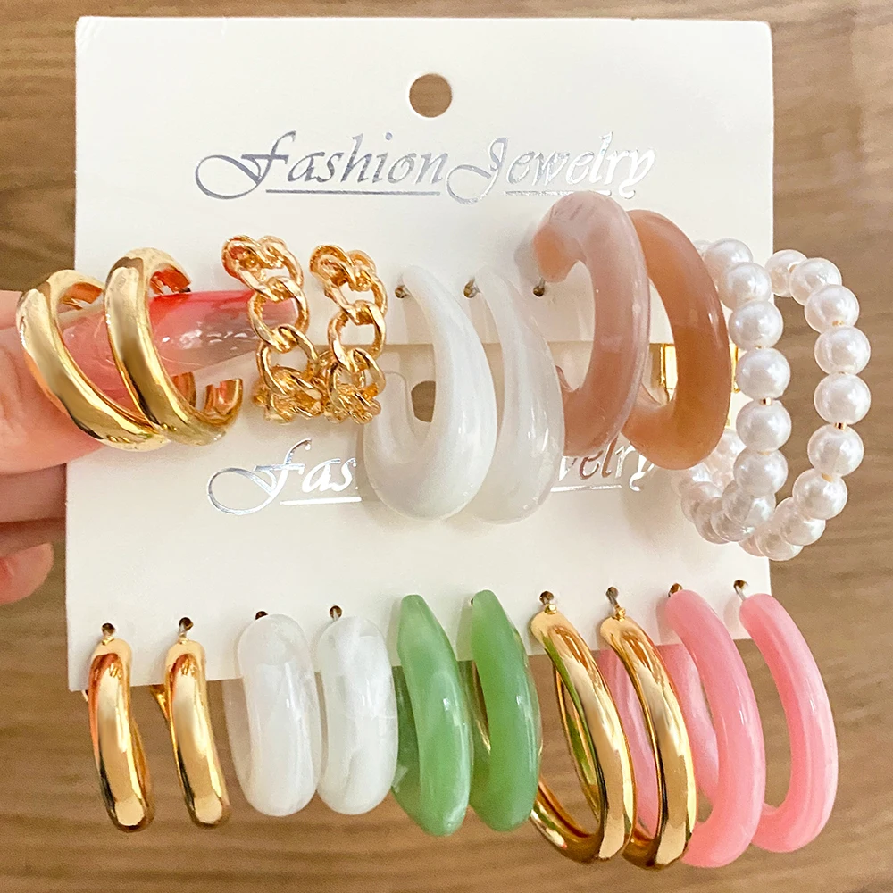 

Korean Colorful Acrylic Earrings Set For Women Girls Gold Color Metal Peal Chain Hoop Earrings Fashion Jewelry Christmas Gifts