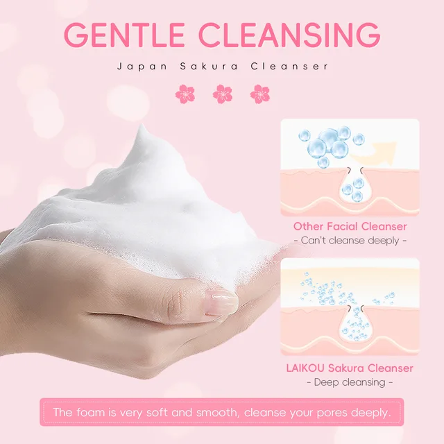 LAIKOU Sakura Facial Cleanser Foam Face Wash Remove Blackhead Moisturizing Shrink Pores Deep Cleaning Oil Control Skin Care 50g 3