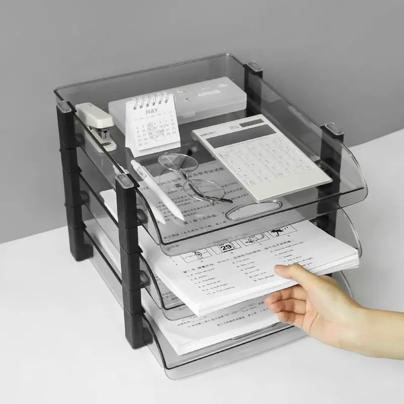 

Transparent File Holder Three Layer Plastic Horizontal Frame Student Desktop File Organizing Data Storage Rack Storage Basket