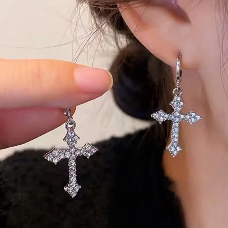 Cross Earrings Y2K Gothic Rhinestone Kpop Crystal Zircon Drop For Women Grunge Egirl Jewelry Accessories