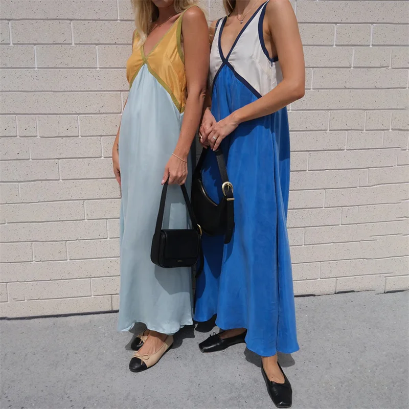 Vestido elegante de verano para mujer, con cuello en V, sin mangas, con patchwork de colores contrastantes, largo y sexy para fiesta de noche.